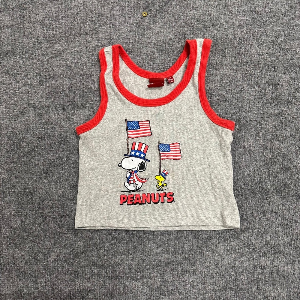 Peanuts Tank Top Womens Size L Gray Patriotic Snoopy Ringer Ribbed Crop Top